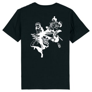 May include: Black t-shirt with a white silhouette of two anime characters fighting. The characters are in mid-air, one with a sword and the other with a fist raised.