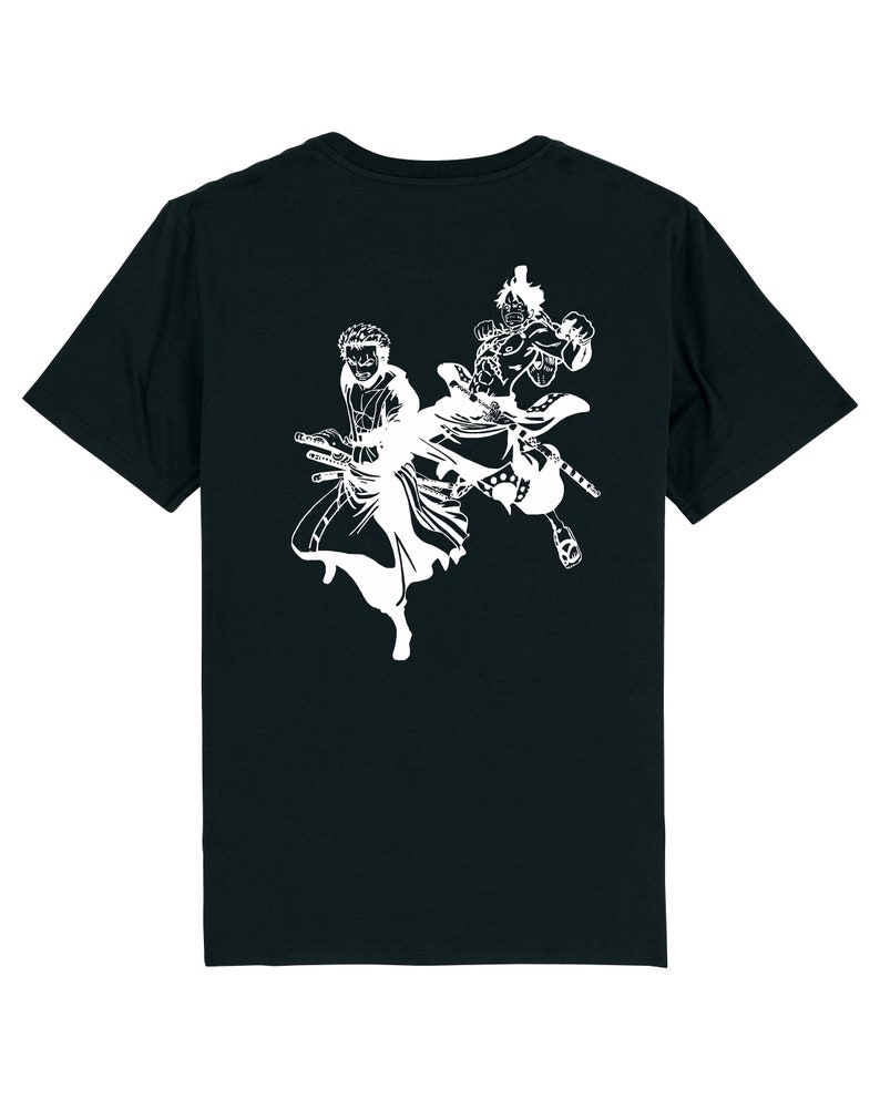 May include: Black t-shirt with a white silhouette of two anime characters fighting. The characters are in mid-air, one with a sword and the other with a fist raised.