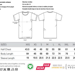 May include: Size chart for a unisex t-shirt with measurements in inches for half chest, body length, and sleeve length. Sizes range from XXS to XXXL. The chart includes the text "Sizes", "Half Chest", "Body Length", and "Sleeve Length".