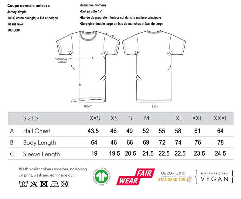 May include: Size chart for a unisex t-shirt with measurements in inches for half chest, body length, and sleeve length. Sizes range from XXS to XXXL. The chart includes the text "Sizes", "Half Chest", "Body Length", and "Sleeve Length".