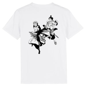 May include: Black and white illustration of two anime characters, one with a sword, fighting on a white t-shirt.