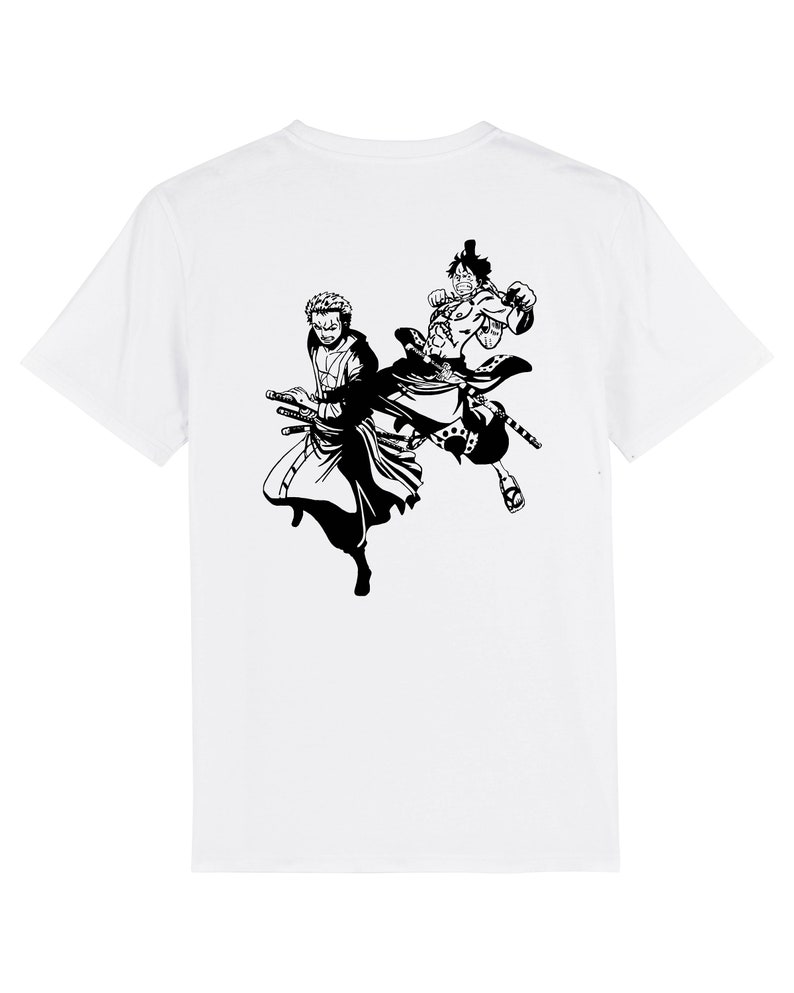 May include: Black and white illustration of two anime characters, one with a sword, fighting on a white t-shirt.