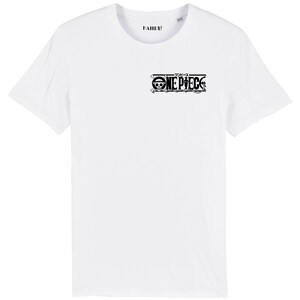 May include: White t-shirt with a black One Piece logo on the front. The logo includes the Japanese characters for "One Piece" and a skull and crossbones.