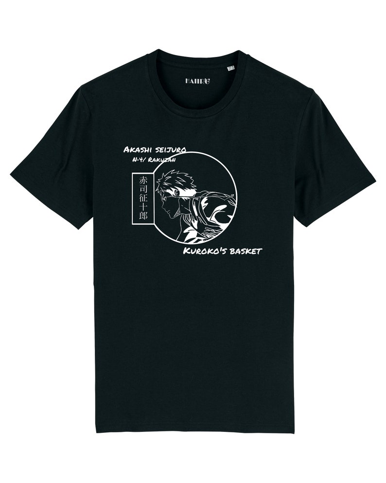 May include: Black t-shirt with a white graphic of a basketball player with the text "Akashi Seijuro N.Y. Rakuzan" and "Kuroko's Basket".