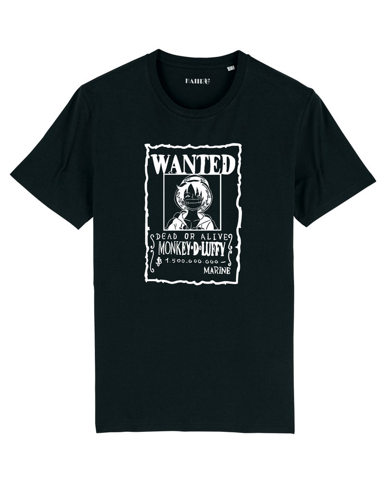 May include: Black t-shirt featuring a white "WANTED" poster design with the image of Monkey D. Luffy. The poster includes the text "DEAD OR ALIVE" and "1,500,000,000 MARINE". The shirt has a crew neck and short sleeves.