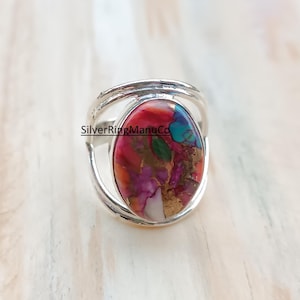 Pink Oyster Copper Turquoise, 925 Sterling Silver  Oval Statement Ring, Multi Color Gemstone, Woman Jewelry, Handmade Ring, Gift For Her