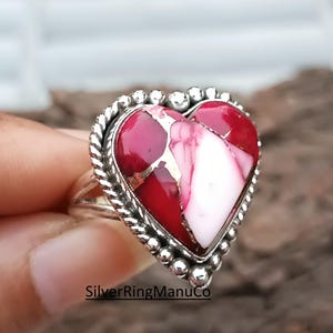 Anello turchese con dalia rosa rossa, anello in argento sterling 925, anello fatto a mano, anello con pietre preziose, gioielli in turchese, anello a forma di cuore, anello da donna,