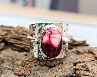 Red Rose Dahlia Turquoise Mohave Ring, 925 Sterling Silver Ring, Women Ring, Silver Wide Band Ring Rose Dahlia Turquoise Ring, Promise Ring