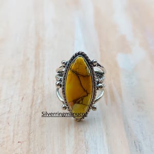 Honey Dahlia Turquoise Ring in 925 Sterling Silver, Large Marquise Statement Ring, Yellow Gemstone Jewelry for Her, Woman Ring Jewelry,