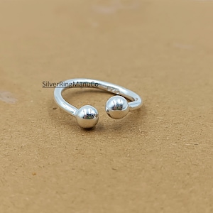 Solid 925 Sterling Silver Open Bypass Ring, Double Bead Cuff Ring, Adjustable Ball Ring.
