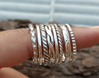 Silver stacking rings, 925 Sterling  silver ring, Set Of 8 Rings silver midi ring, 8textured rings buy as set  singles in range of finishes