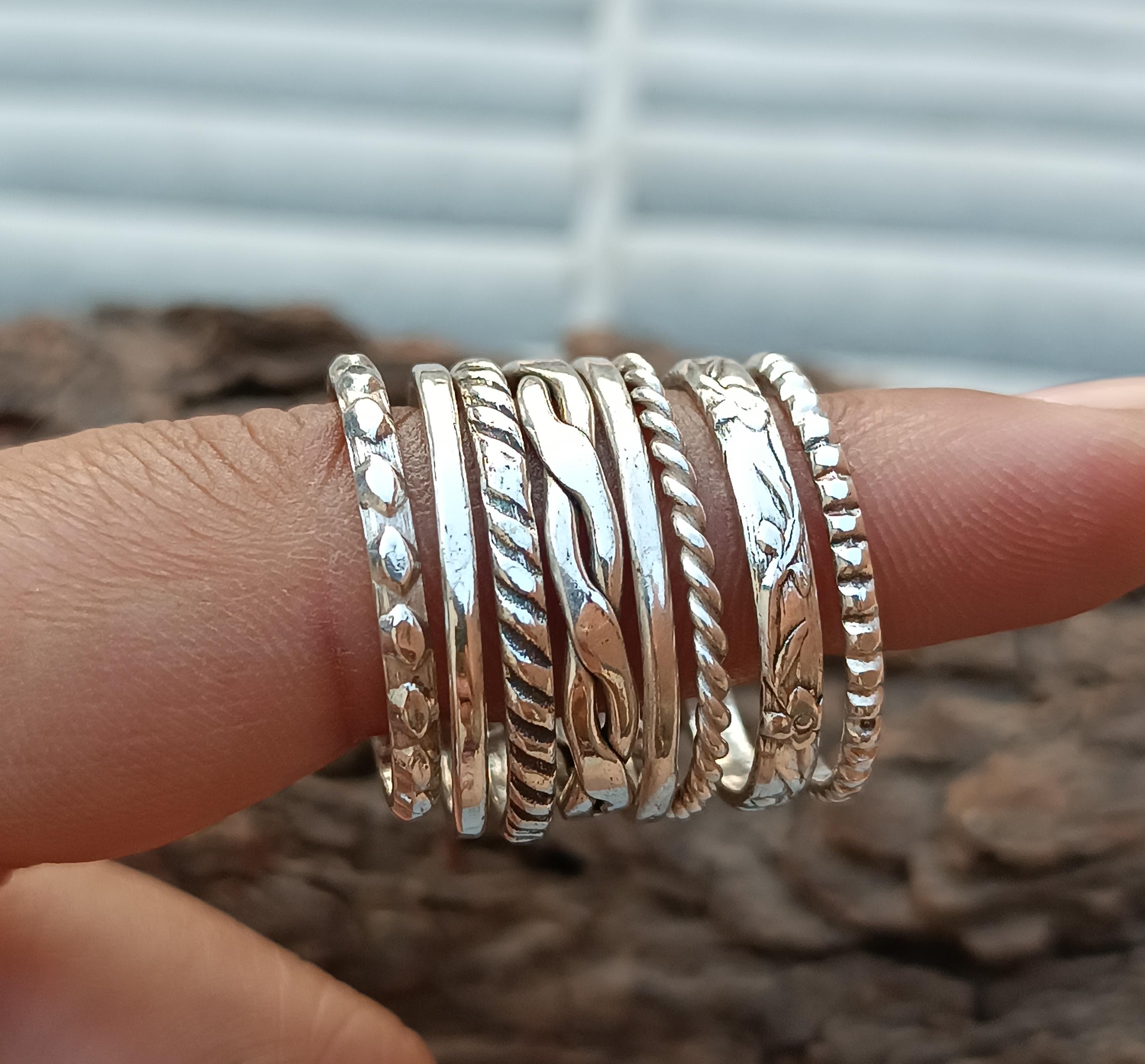 Silver stacking rings, 925 Sterling  silver ring, Set Of 8 Rings silver midi ring, 8textured rings buy as set  singles in range of finishes