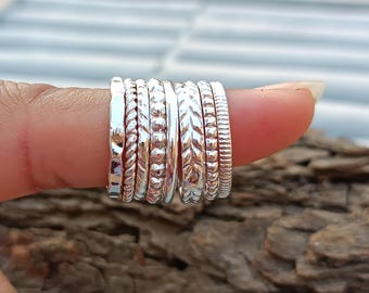 Silver stacking rings, 925 Sterling silver ring, Set Of 8 Rings silver midi ring, 8textured rings buy as set singles in range of finishes