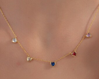 14K Gold Heart Birthstone Necklace, Personalized Family Jewelry