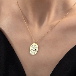 Solid Gold Skull Necklace, Sugar Skull Pendant For Female Biker, 14K Gold Skeleton Necklace, Birthday Gifts For Her, Best Gift For Mothers