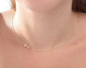 14K Gold Sideways Cross Necklace, Zircon Diamond Pendant