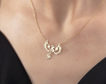 14K Solid Gold Phoenix Necklaces, Gold Bird Pendant, 18K Firebird Simurgh Necklace, Moms Gift, Birthday Gift For Her, Best Gift For Mothers