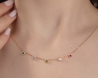 14K Solid Gold Family Birthstone Necklace, Personalized Mom Gift