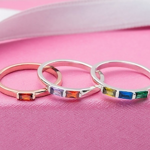14K Solid Gold Baguette Birthstone Rings, Custom Made Family Birthstone Ring For Mom, Personalized Gifts For Mothers, Best Gift For Mothers