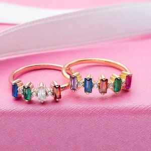 14K Gold Baguette Birthstone Rings, Family Birthstone Rings For Mom, 10K Multiple Gemstone Rings, Personalized Gifts, Best Gift For Mothers