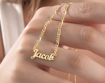 Personalized 14K Gold Name Necklace, Figaro Chain
