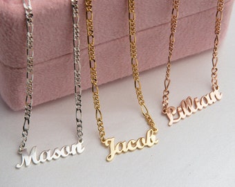 14K Solid Gold Name Necklaces, 18K Name Pendant With Figaro Chain, Custom Made Gift For Mothers, Necklace For Women, Christmas Special Gifts
