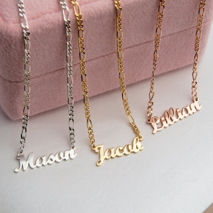 14K Solid Gold Name Necklace, Personalized Gifts For Mothers, 18K Name Pendant With Figaro Chain, Necklace For Women, Best Gift For Mothers