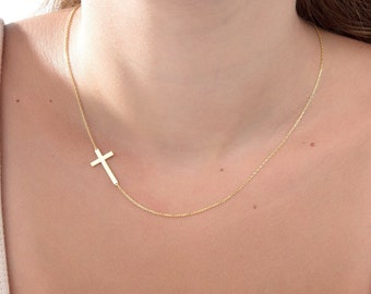 Silver Sideways Cross Necklaces For Women, Birthday Gifts For Mom, 14K Gold Side Cross Necklaces, Religious Jewelry, Best Gift For Mothers