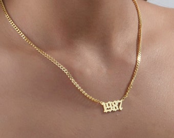 14K Gold Lucy Number Necklace, Personalized Gifts, Sterling Silver Birth Date Necklace, Name Necklace With Curb Chain, Best Gift For Mothers