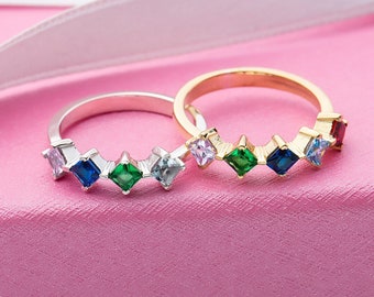 14K Gold Princess Birthstone Family Ring, Personalized Gift
