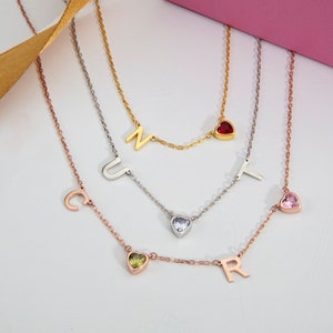 Silver Name Letter Birthstone Necklaces, Moms Gift, 14K Gold Heart Birthstone Initial Necklace, Personalized Jewelry, Best Gift For Mothers