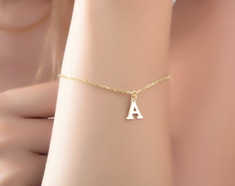 14K Gold Initial Bracelet, Dainty Personalized Letter Charm