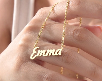 14K Gold Name Necklace, Personalized Figaro Chain, Custom Jewelry