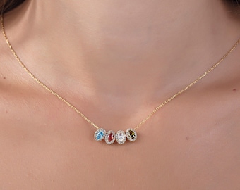 14K Gold Oval Birthstone Necklace, Personalized Family Gift