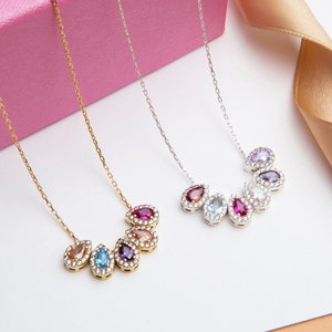 Massivgold Teardrop Multi Birthstone Halskette, personalisierte Geschenke für Mama, 14K Birne Edelstein-Anhänger, Geschenke für sie, bestes Geschenk für Mütter