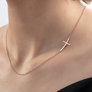 18K Gold Sideways Cross Necklaces, Gifts For Mom, 14K Gold Curved Cross Necklaces, Religious Jewelry, Gifts For Her, Gifts For Mother's Day