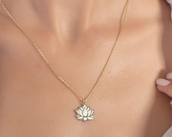 18K Solid Gold Lotus Flower Necklace, Dainty Pendant