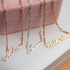 18K Gold Dainty Name Necklace, Personalized Jewelry, Gift For Mother, 14K Gold Name Plate With Figaro Chain Necklace, Best Gift For Mothers