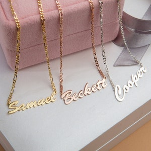 18K Gold Custom Made Name Necklaces, Personalized Gifts For Mothers, 14K Gold Name Plate With Figaro Chain Necklaces, Best Gift For Mothers