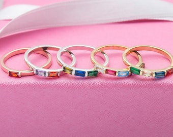14K Gold Family Multi Birthstone Ring, Silver Baguette Birthstone Ring, 10K Gemstone Ring, Personalized Gift For Her, Best Gift For Mothers