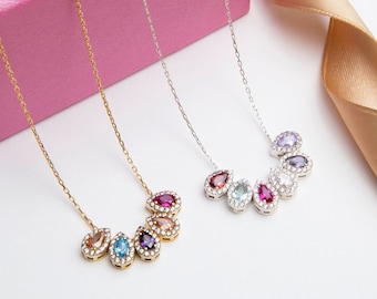 Solid Gold Teardrop Birthstone Necklace, Personalized Mom Pendant