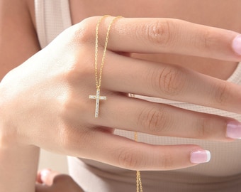14K Gold Zircon Diamond Cross Necklace, Religious Jewelry