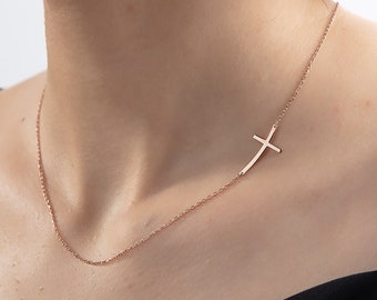 18K Gold Sideways Cross Necklaces, Gifts For Mom, 14K Gold Curved Cross Necklaces, Religious Jewelry, Gifts For Her, Best Gift For Mothers