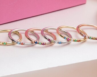10K Gold Dainty Birthstone Rings, Personalized Gift For Mother, 14K Stackable Birthstone Ring, Silver Gemstone Bands, Best Gift For Mothers