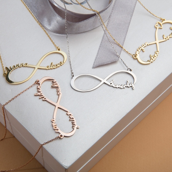 Silver Infinity Name Necklace, Personalized Gifts, Gold Plated Eternity Necklace, Multi Name Family Necklace For Mom, Gifts For Mother's Day