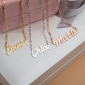 18K Solid Gold Name Necklaces, 14K Gold Name Pendant With Figaro Chain, Personalized Gifts, Custom Made Gift For Mom, Best Gift For Mothers