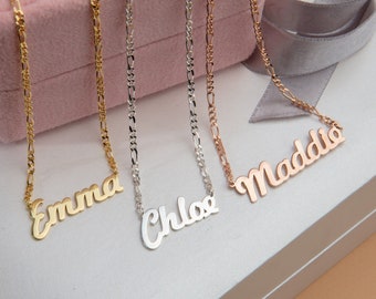 18K Solid Gold Name Necklaces, 14K Gold Name Pendant With Figaro Chain, Personalized Gifts, Custom Made Gift For Mom, Best Gift For Mothers