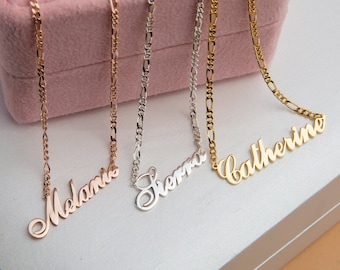 18K Gold Dainty Name Necklace, Personalized Jewelry, Gift For Mother, 14K Gold Name Plate With Figaro Chain Necklace, Best Gift For Mothers
