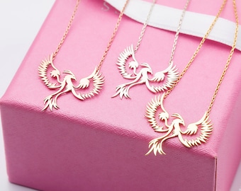 14K Gold Phoenix Necklaces, Gift For Her, Silver Firebird Necklace, Birthday Gifts For Her, Phoenix Simurgh Pendants, Best Gift For Mothers