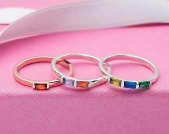 14K Solid Gold Baguette Birthstone Ringe, Nach Maß Familie Birthstone Ring für Mama, personalisierte Geschenke für Mütter, Bestes Geschenk für Mütter